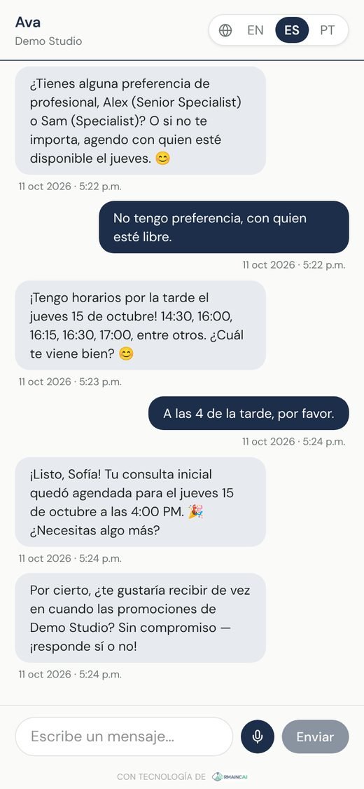 Una conversación real con Ava en Demo Studio, nuestro negocio de ejemplo.