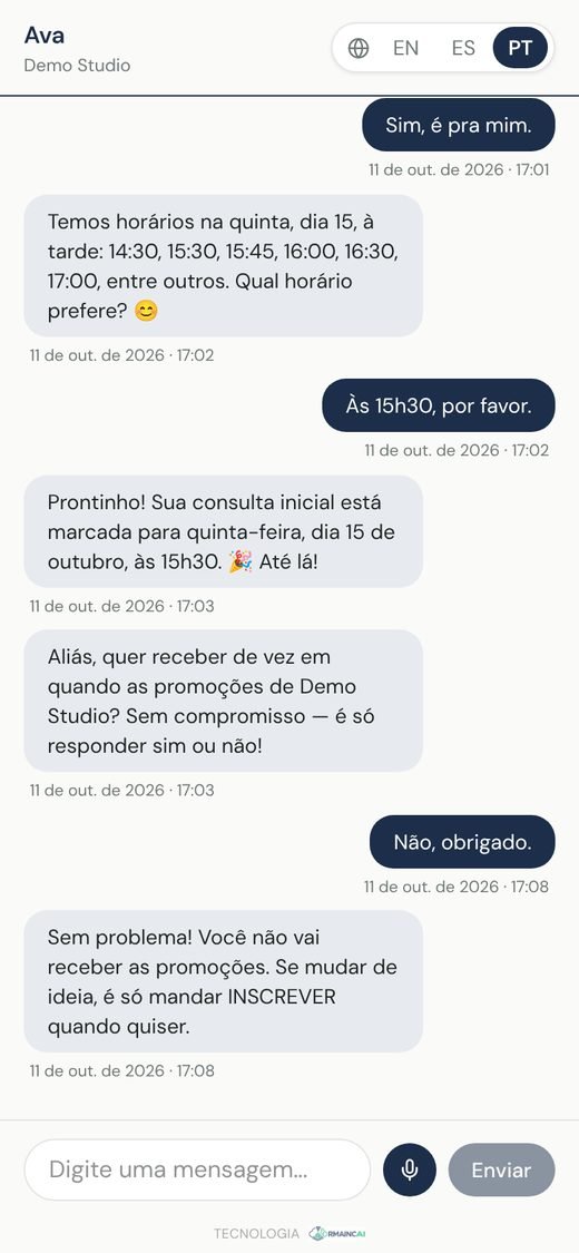 Uma conversa real com a Ava no Demo Studio, nosso negócio de exemplo.